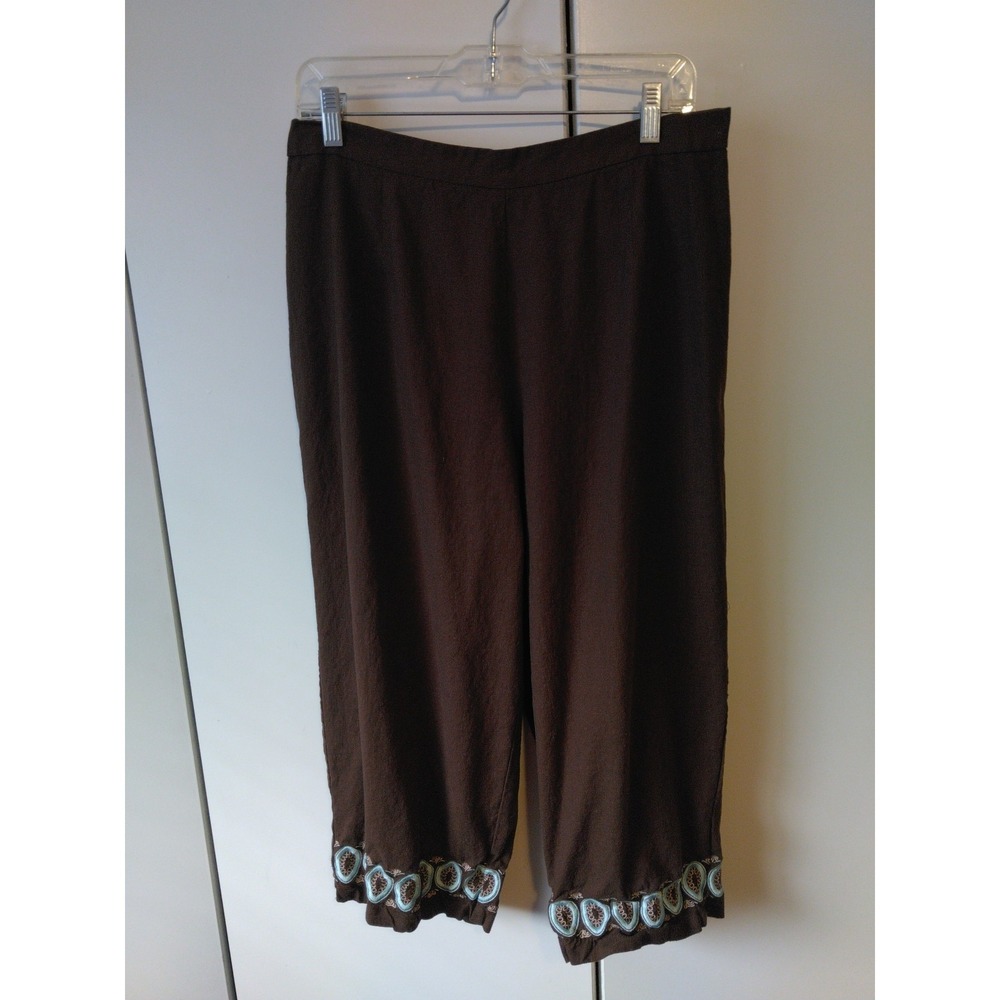 Y2K Women's Linen Blend Wide Leg Capri Pants Size 14 Brown Embroidered Hem‎